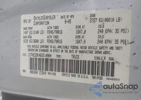 2006 Dodge Dakota St z USA, uszkodzony, nr VIN 1D7HE22K46S510904